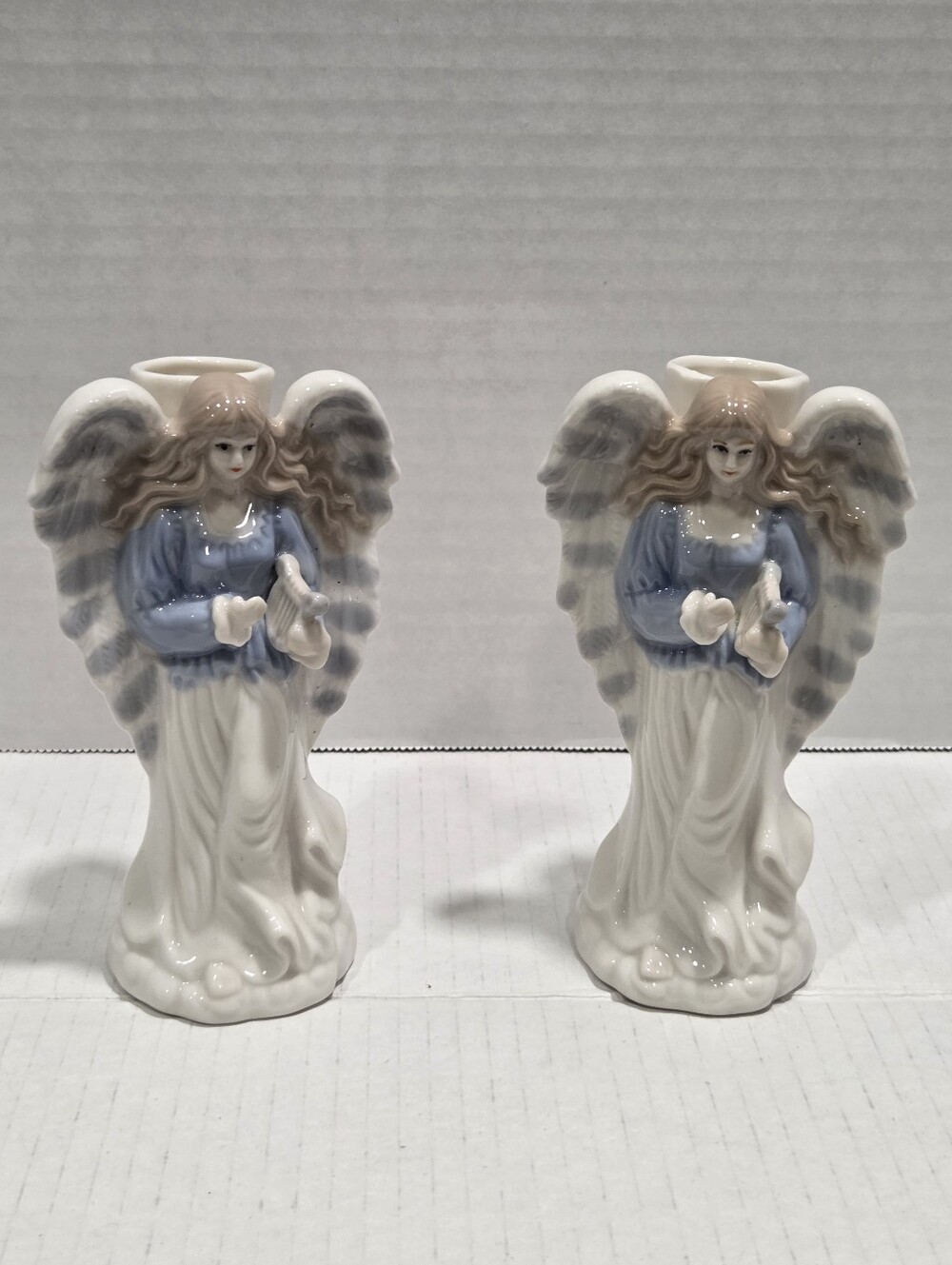 Vintage Pair Of Ceramic Porcelain Angel Figurine Candlesticks Holders